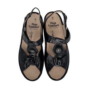 FINN COMFORT Sandals NWOT ADANA Patent Black Leather Wedge Heels Open Toe US 7.5